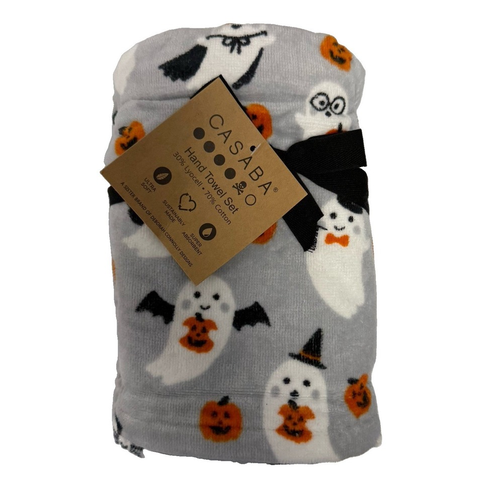 NWT Casaba Halloween Ghosts Cats Hand Towels Set Of 2 Cat Holiday Bath Kitchen